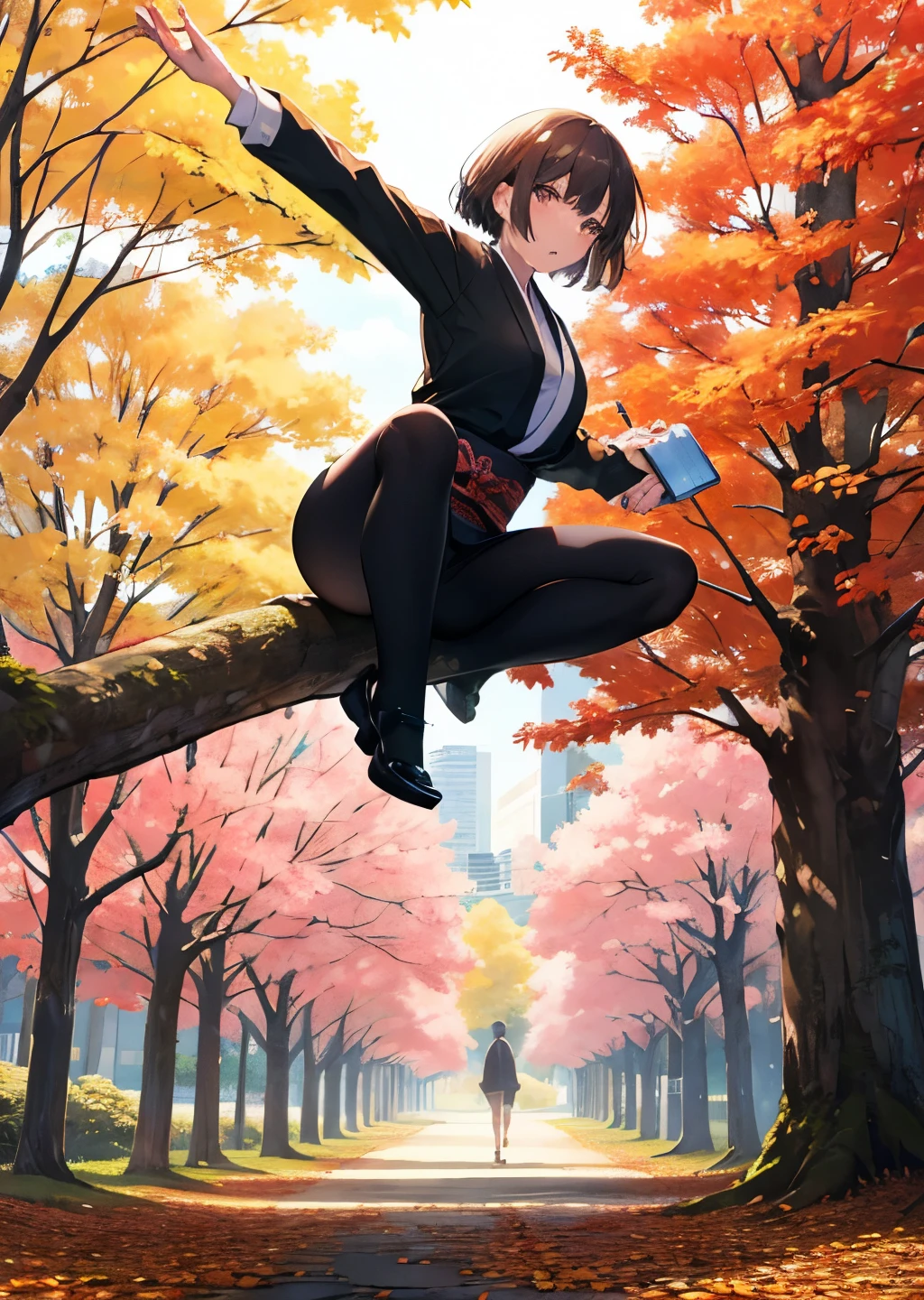 best quality, masterpiece, high resolution, japanese punk,//A park filled with autumn foliage, lady, acrobatic pose