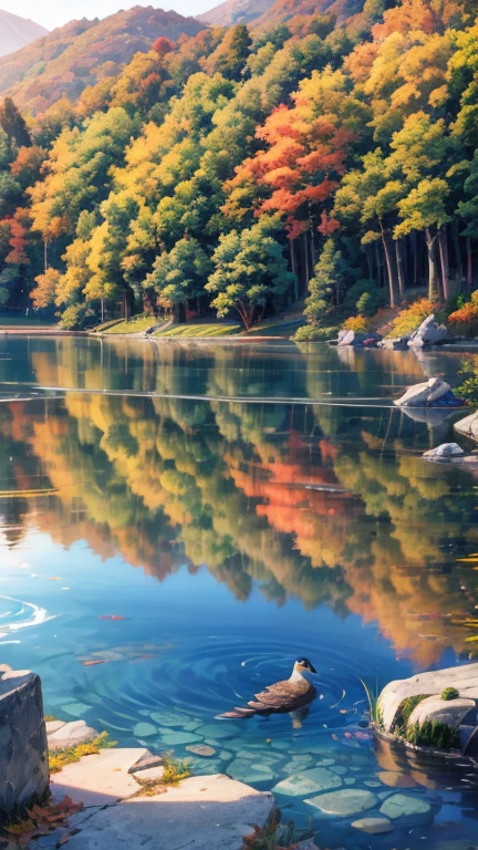 a serene lake nestled among rolling hills and colorful autumn trees. The water is so clear that you can see the fish swimming beneath the surface, while ducks paddle lazily along the shore. The golden light of the setting sun bathes the landscape in a warm glow, casting long shadows across the peaceful scene