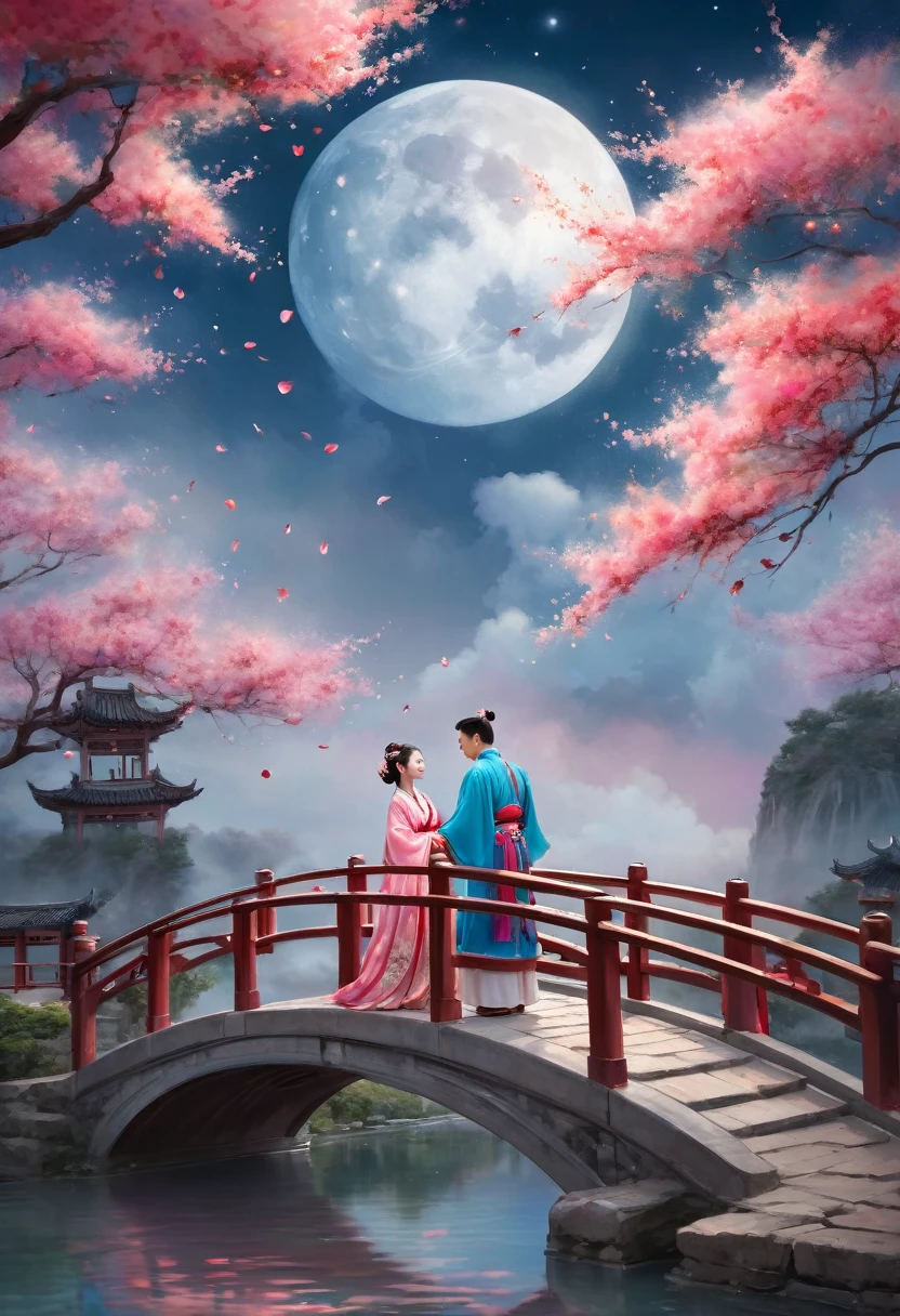 Watercolor Landscape, A Chinese couple in Hanfu embracing on an arch bridge, a sky full of rose petals, a romantic atmosphere, a huge moon, colorful clouds, clouds, ethereal, reflections of water, a mirage, a breeze, Chinese Style, best quality, masterpiece, very aesthetic, perfect composition, intricate details, ultra-detailed