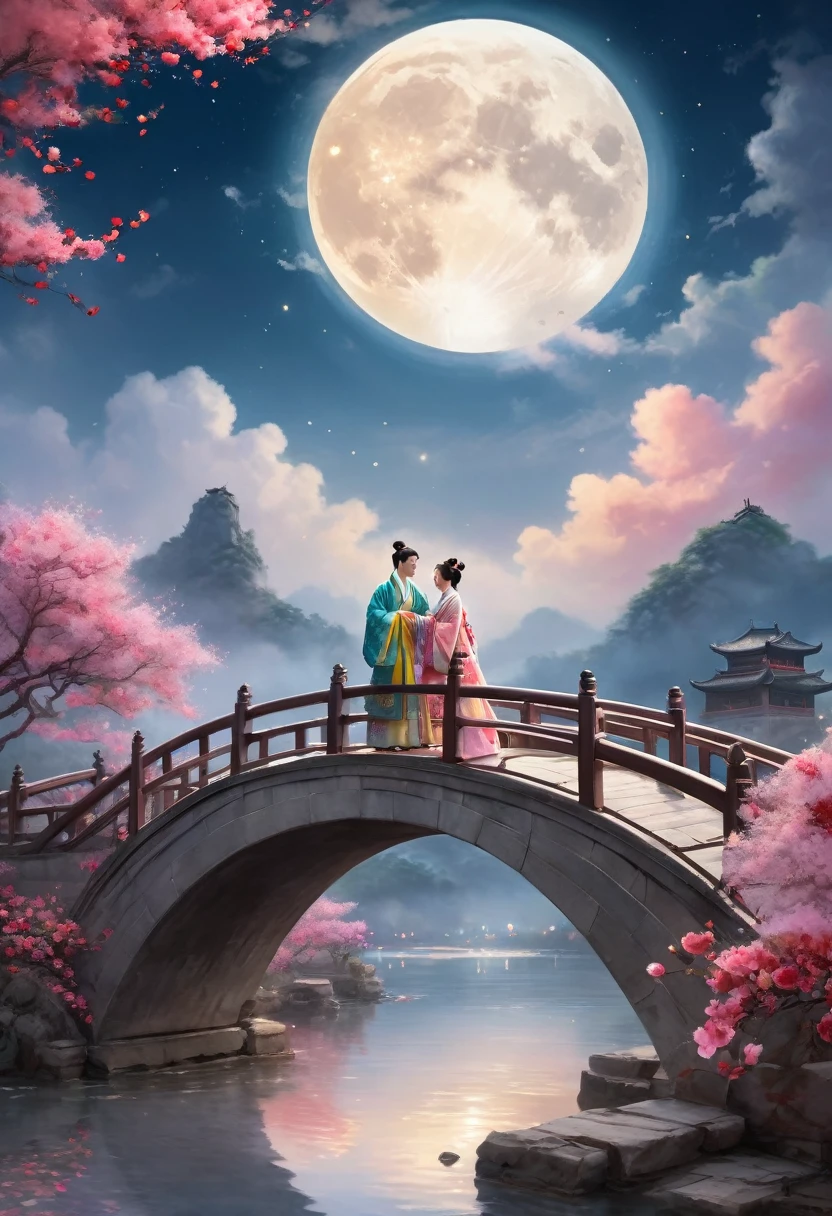 Watercolor Landscape, A Chinese couple in Hanfu embracing on an arch bridge, a sky full of rose petals, a romantic atmosphere, a huge moon, colorful clouds, clouds, ethereal, reflections of water, a mirage, a breeze, Chinese Style, best quality, masterpiece, very aesthetic, perfect composition, intricate details, ultra-detailed