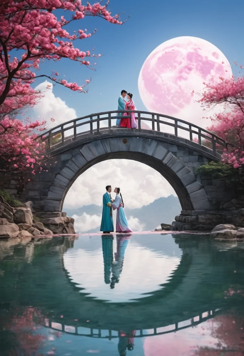 Watercolor Landscape, A Chinese couple in Hanfu embracing on an arch bridge, a sky full of rose petals, a romantic atmosphere, a huge moon, colorful clouds, clouds, ethereal, reflections of water, a mirage, a breeze, Chinese Style, best quality, masterpiece, very aesthetic, perfect composition, intricate details, ultra-detailed