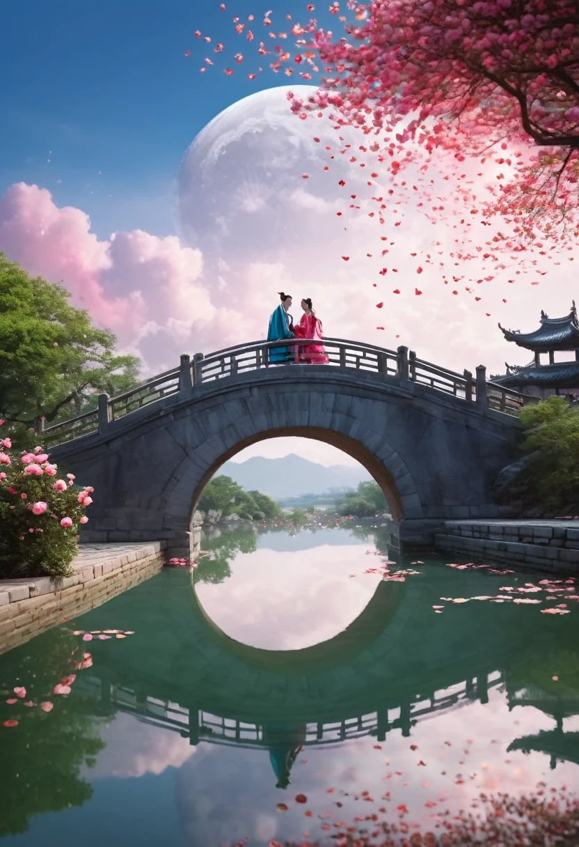 Watercolor Landscape, A Chinese couple in Hanfu embracing on an arch bridge, a sky full of rose petals, a romantic atmosphere, a huge moon, colorful clouds, clouds, ethereal, reflections of water, a mirage, a breeze, Chinese Style, best quality, masterpiece, very aesthetic, perfect composition, intricate details, ultra-detailed