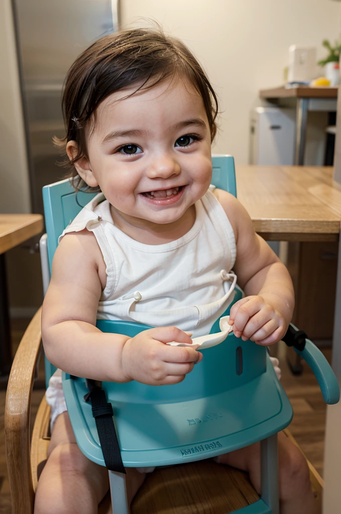 Create a realistic six-month-old baby boy, sitting on a high chair smiling happily and eating healthy food
