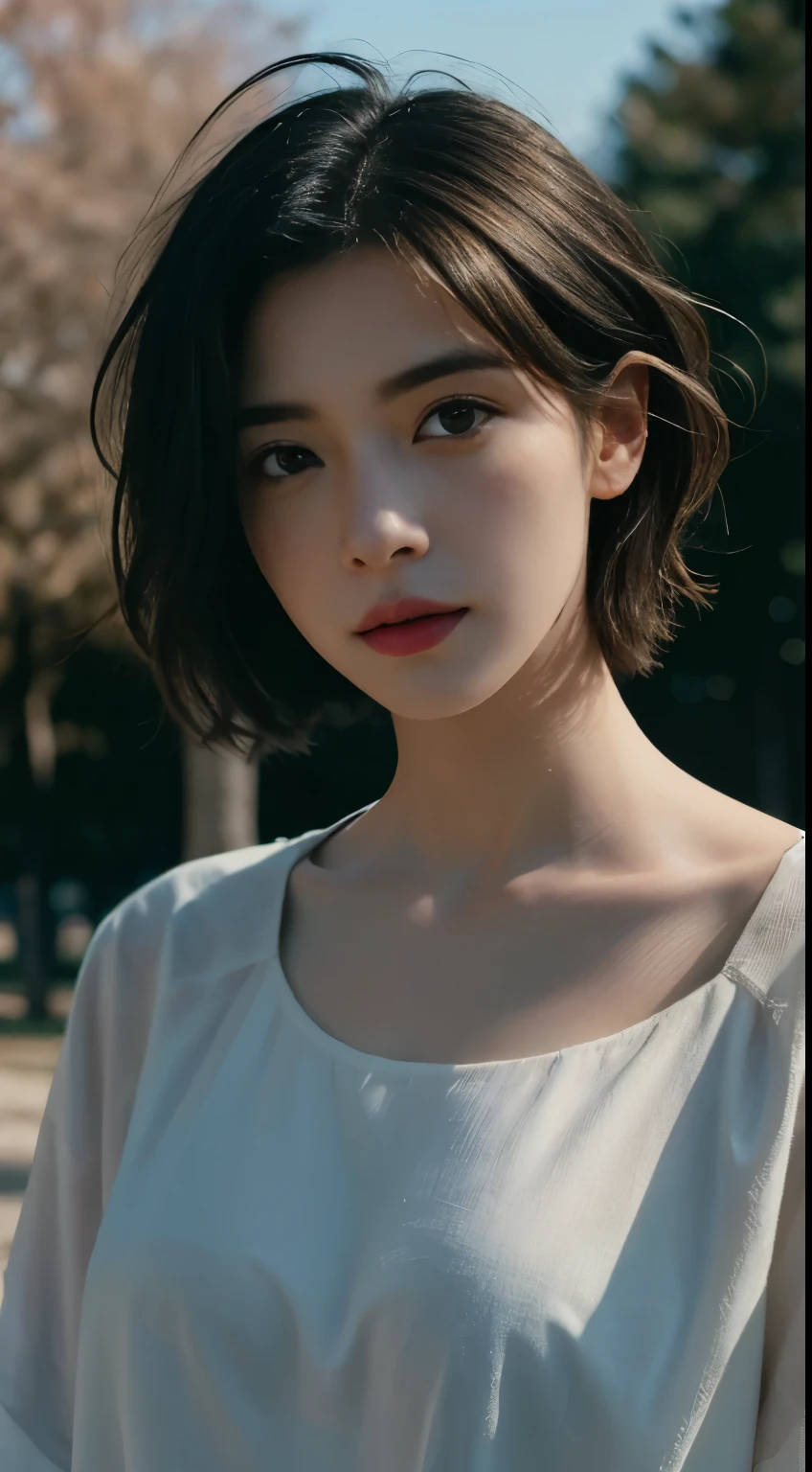 Best quality, masterpiece, ultra high res, (photorealistic:1.5), raw photo, 1girl, in the park, deep shadow, low key, cold light, sexy look, short hair, naked, pubic hair