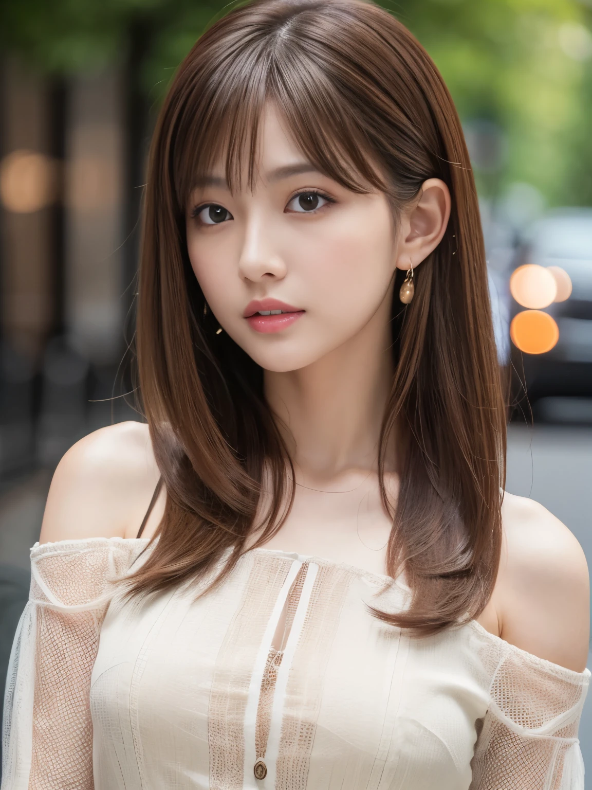 Ultra High Definition, Superior Quality, Premier Quality, ultra detailed, Photorealistic, 8k, RAW Photos, highest quality, masterpiece, Attractive girl, Stunning girl, Brown Hair, Shoulder Length Layered, Mesh Hair, Japanese Idol, Sophisticated, Stylish, blouse,