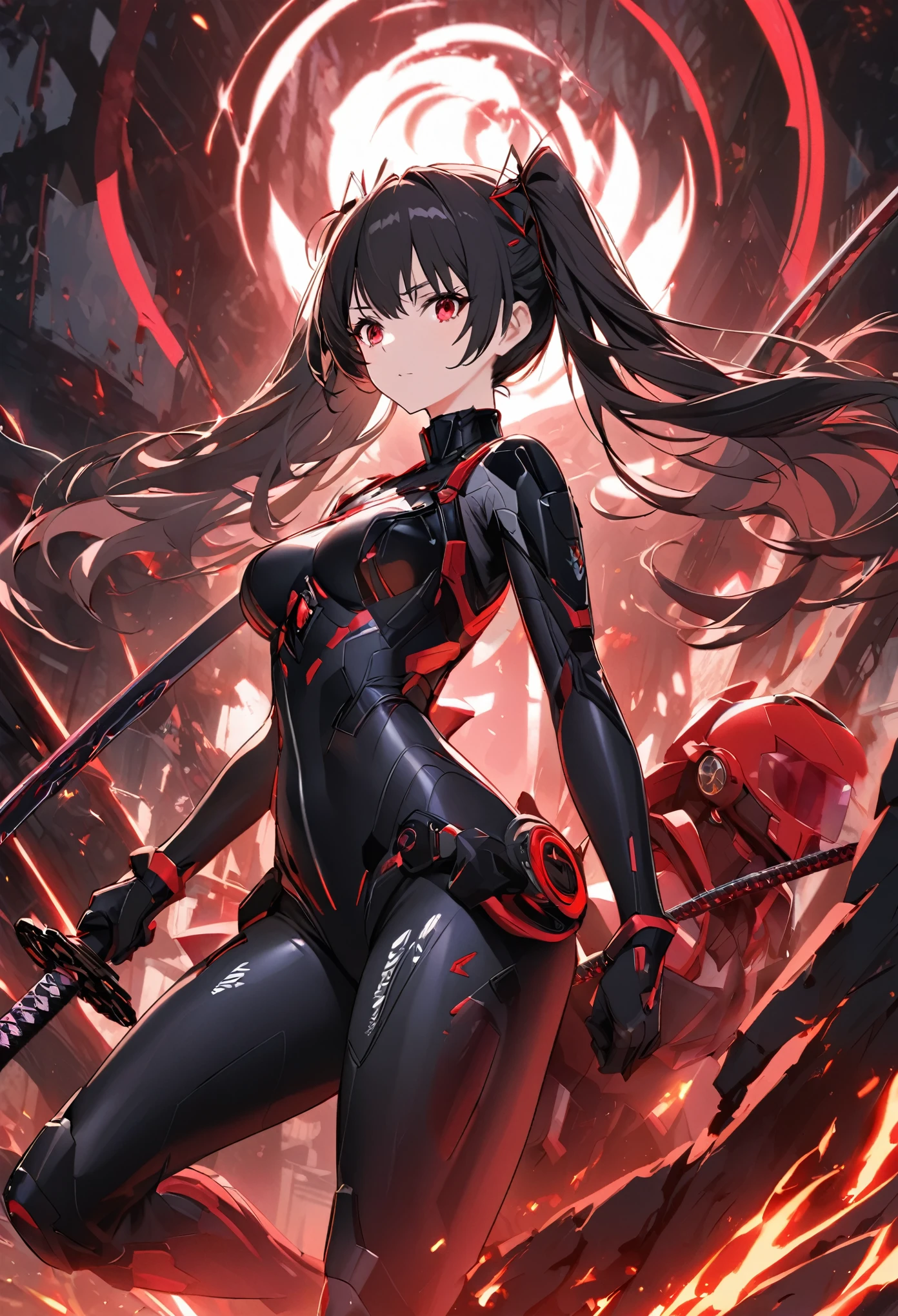 The character is a young girl with long, black hair styled in a "two side up" fashion. Her captivating red eyes exude an intense aura, reflecting her deadly determination. She belongs to a specialized assassination unit, trained in covert operations. Equipped with advanced technology, she wields a high-tech Japanese katana, combining tradition with innovation. Completing her formidable appearance, she wears a sleek combat exosuit, enhancing her agility and protection. This character's design embraces the essence of an anime aesthetic.