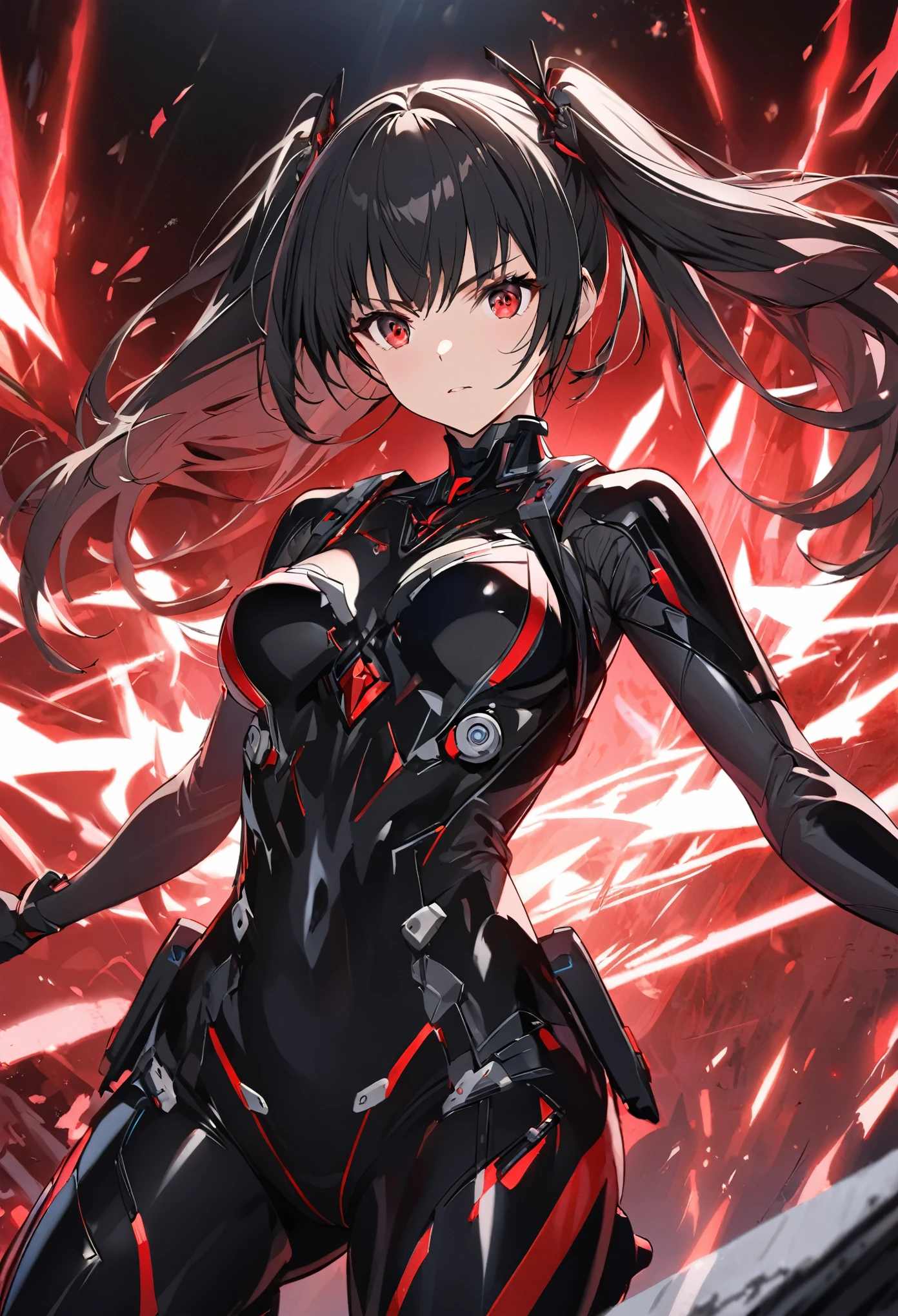 The character is a young girl with long, black hair styled in a "two side up" fashion. Her captivating red eyes exude an intense aura, reflecting her deadly determination. She belongs to a specialized assassination unit, trained in covert operations. Equipped with advanced technology, she wields a high-tech Japanese katana, combining tradition with innovation. Completing her formidable appearance, she wears a sleek combat exosuit, enhancing her agility and protection. This character's design embraces the essence of an anime aesthetic.