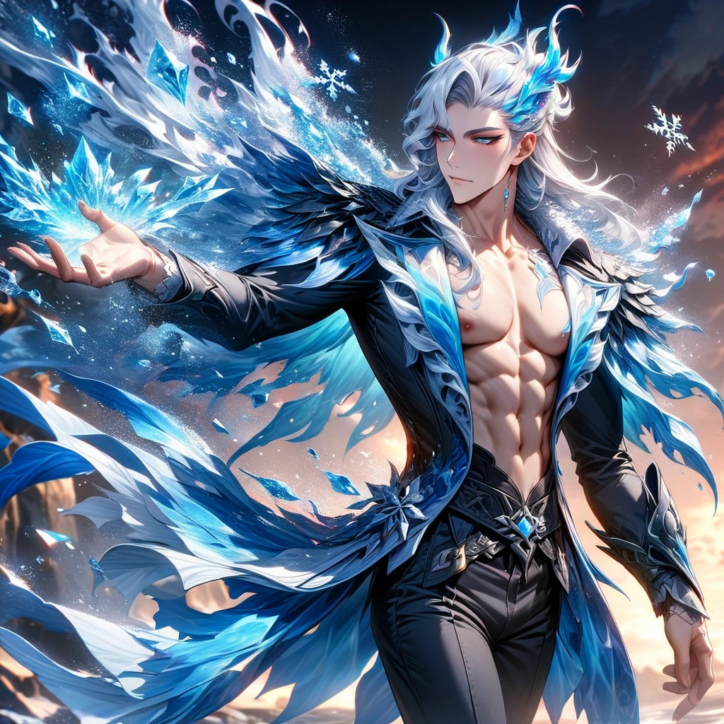 absurdres, highres, ultra detailed, HDR, master piece, best quality, perfect face, Neuvillette, white hair, expressive blue eyes, Genshin Impact, solo, sexy man, handsome, toned chest, sensual, ??????, black clothes, black pants, a winter fantasy world, snowflakes dropping down the sky, everything has turned into ice, a white dragon flying in the distance, exotic colors, magical, powers