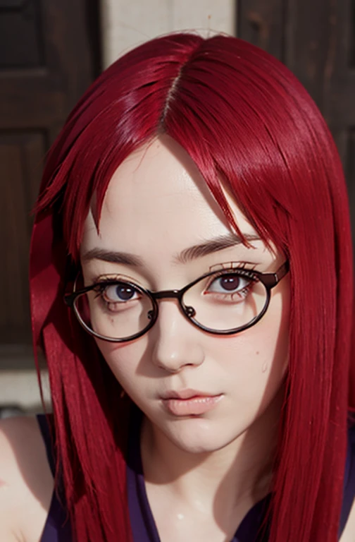 1 girl,more details in eyes,cute,looking at viewer, adorabel girl,half body,purple dress, cute face,details sky,pretty,young,juvenile,((masterpiece:1.4,best quality)),multiple details,red hair,glasses,eyeshadow,Karin Uzumaki from naruto, sfw,   