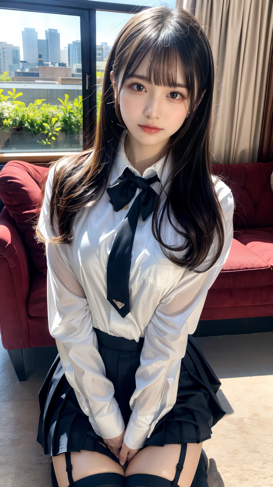 (8k, Raw photo, highest quality, masterpiece:1.2), masterpiece, highest quality, figure, Very detailed, Fine details, High resolution, 8k,wallpaper, Perfect dynamic composition,(Detailed high quality, Realistic depiction of eyes:1.3), ((2 girls, 2 high school girls)), The background is a room in a luxury hotel、 uniform、blazer 、Super Short Check Uniform Skirt、Navy blue knee-high socks、garter belt、huge 、Disheveled uniform, Play with each other,Touching each other's bodies,Touching the body of the girl next door, Short Bob Hair, Black hair color, hugeな胸, Big Natural Color Lip, Bold sexy pose, (Perfect figure), Crying a little、Cold Stare,  Beautiful Makeup,Glitter makeup,The cutest 18 year old, Beautiful feet, Gravure idol pose, Voluptuous thighs
