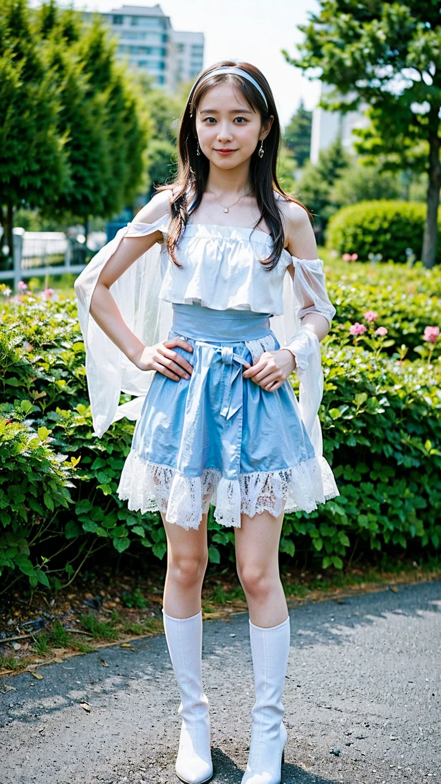 (8k、RAW Photos、highest quality、masterpiece:1.2)、(Realistic、Realistic)、1 girl、((Light blue and white dress、Off the shoulder、mini skirt、boots、See-through、Frills、Ribbon on chest、garden、smile、Big Breasts、View from the front、whole body、White knee socks、Cape、Standing with hands on hips))、Lots of eyelashes、Glowing eyelids、skeletally correct
