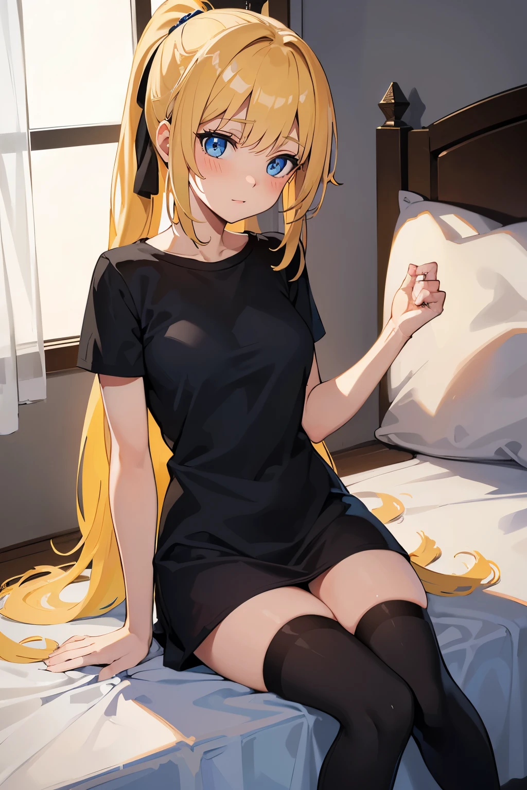 Safe for work, masterpiece, best quality, solo, 1 girl, looking at camera, (young female body:1.4), ( medium small breasts), golden yellow hair, extra long hair, blunt bangs, crystal blue eyes, very detailed eyes, bedroom, sitting on bed, night time, oversized black tshirt, baggy black tshirt, knee high socks, smiling, blushing, ponytail