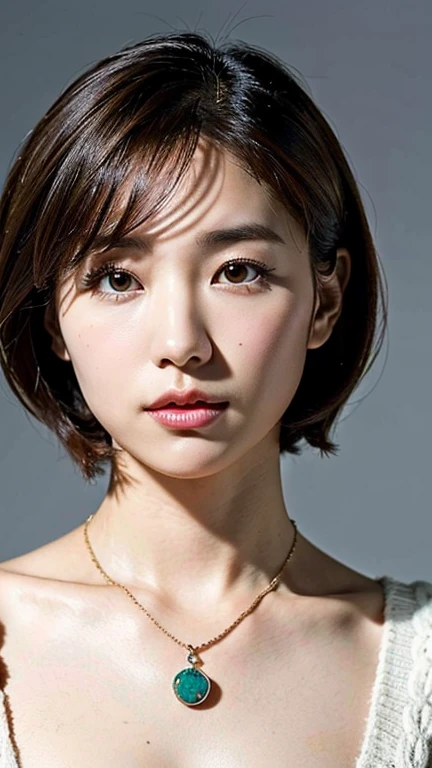 (best quality, 8K, 32K, masterpiece, UHD:1.2),Photo of a pretty Japanese woman, big bust, very short bob hair,upper body,face focus,large_sweater, necklace, simple background, from above, looking at viewer,