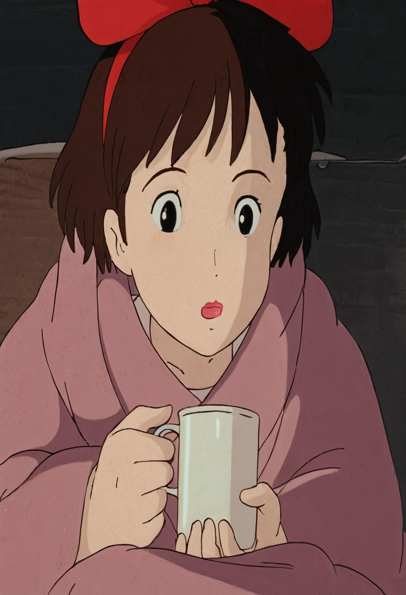 A girl with a red bow on her head, holding a mug