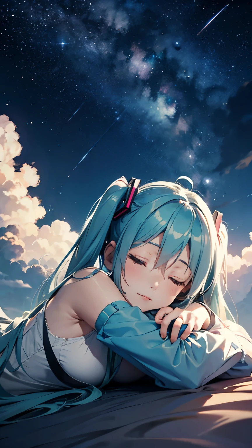 Hatsune Miku as a sleeping on a cloud、Starry Sky