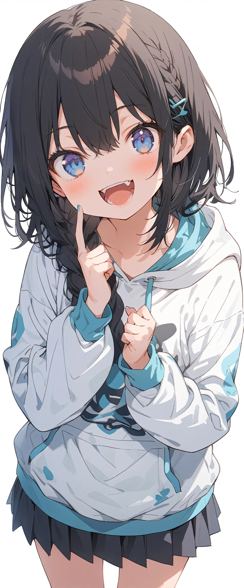 White background、Solid white background、Blank background、just standing girl, only one girl、Full body shot from the front,Ultra-high resolution, highest quality,fish-bone braid hair、Fishbone Hair、Flat Chest、beautiful detailed eyes、black hair、Black hair × Blue eyes、blue eyes、Open your mouth without showing your teeth、Smile with mouth wide open、Plain white hoodie、Black pleated skirt、barefoot