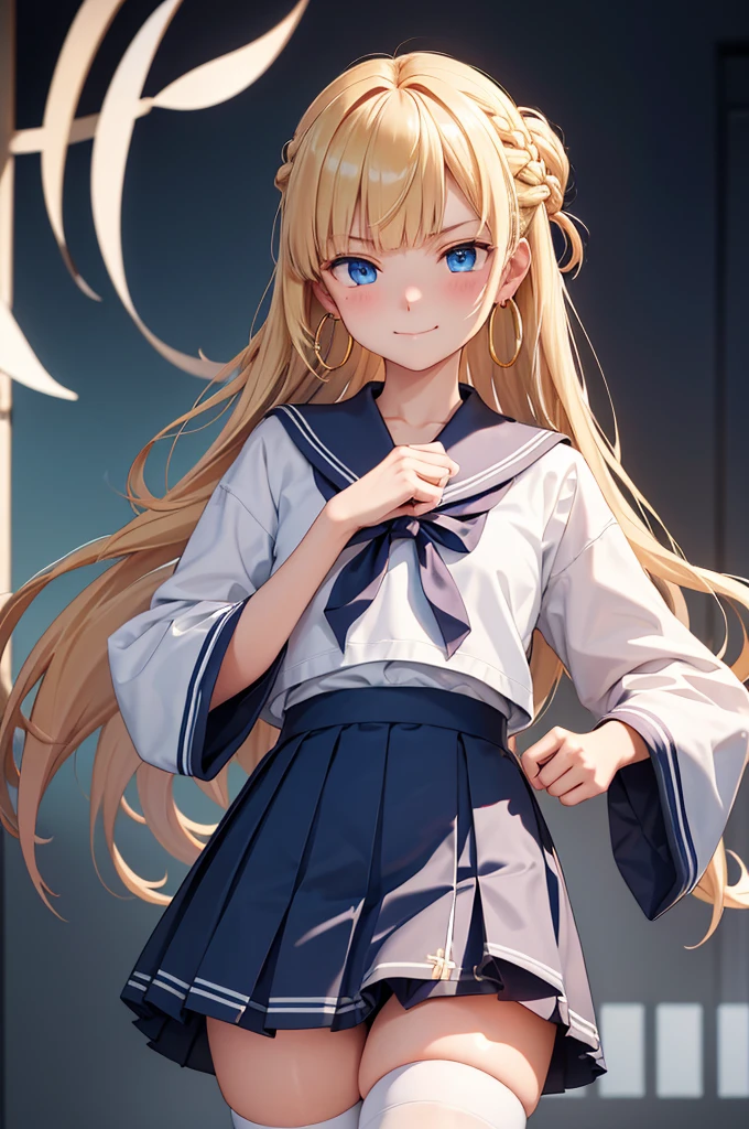 (masterpiece:1.2)、highest quality、High resolution、unity 8k wallpaper、(figure:0.8)、Highly detailed face、Perfect lighting、Highly detailed CG、(Perfect hands、Perfect Anatomy)、
Glossy blonde、Gradient Hair、The left sideburn is longer than the right、blue eyes、 look down、Upper Body、hair、Fair skin、French Braid、smile、Blunt bangs、Hoop Earrings、体の正面figure、(Beautiful fine details:1.6)、Tight eyes、Angry Eyes、Japanese high 、serafuku、zettai ryouiki