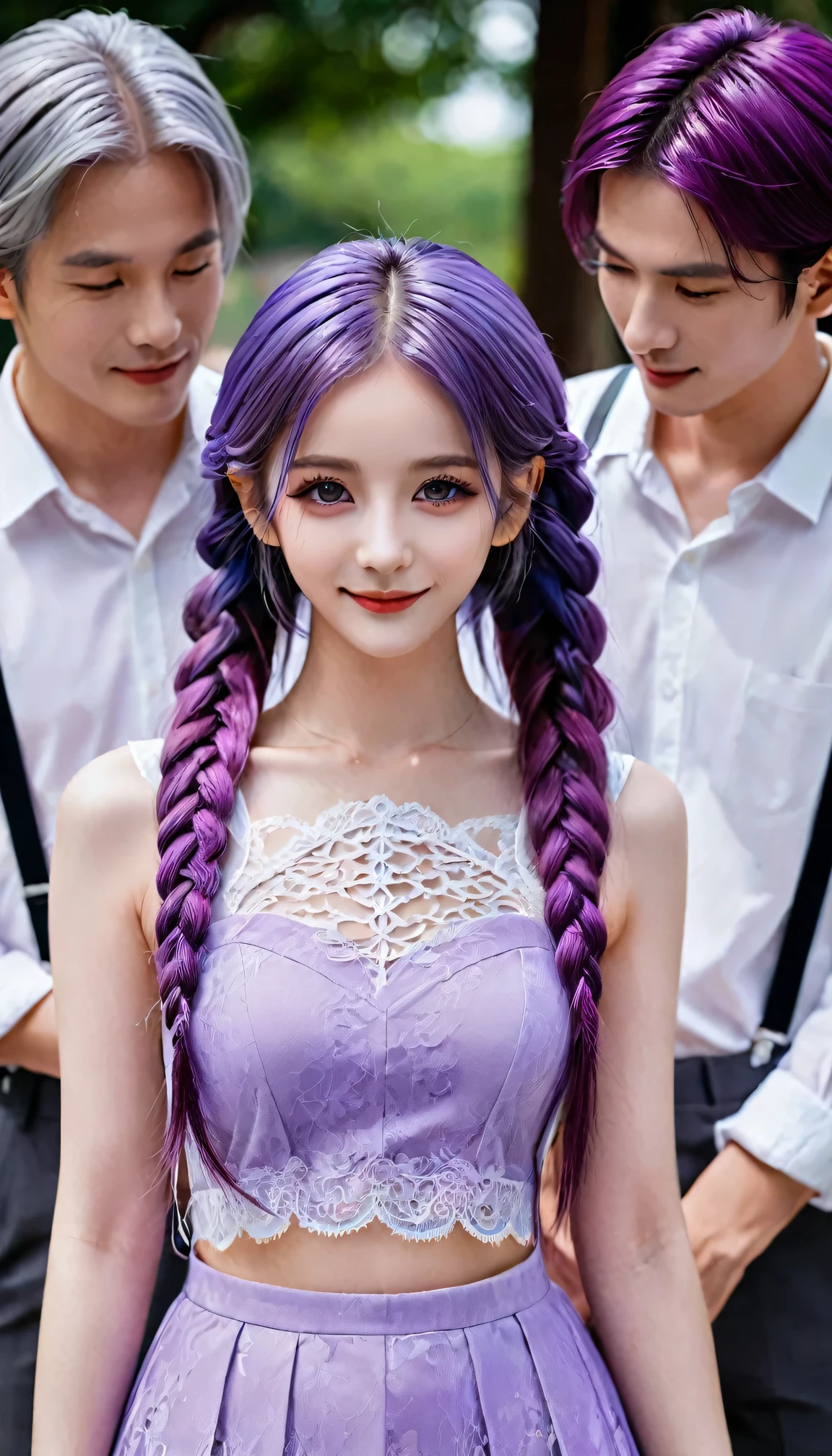 (Top quality, 8K, masterpiece: 1.3)), man and woman standing back-to-back looking at the viewer,yinji , purple hair,purple eyes,very long hair,grey hair,double braid,gradient hair, 15 years old, Portrait Photography, High contrast, Divine Perspective, Aperture F1.2, Focal length 24mm, (whole body: 1.2), Smile, Photo poses, Exquisite lace, Suspender Skirt, Simple cutting dress, Brand clothing, Simple cutting, Extremely detailed skin details, Fine fabric texture