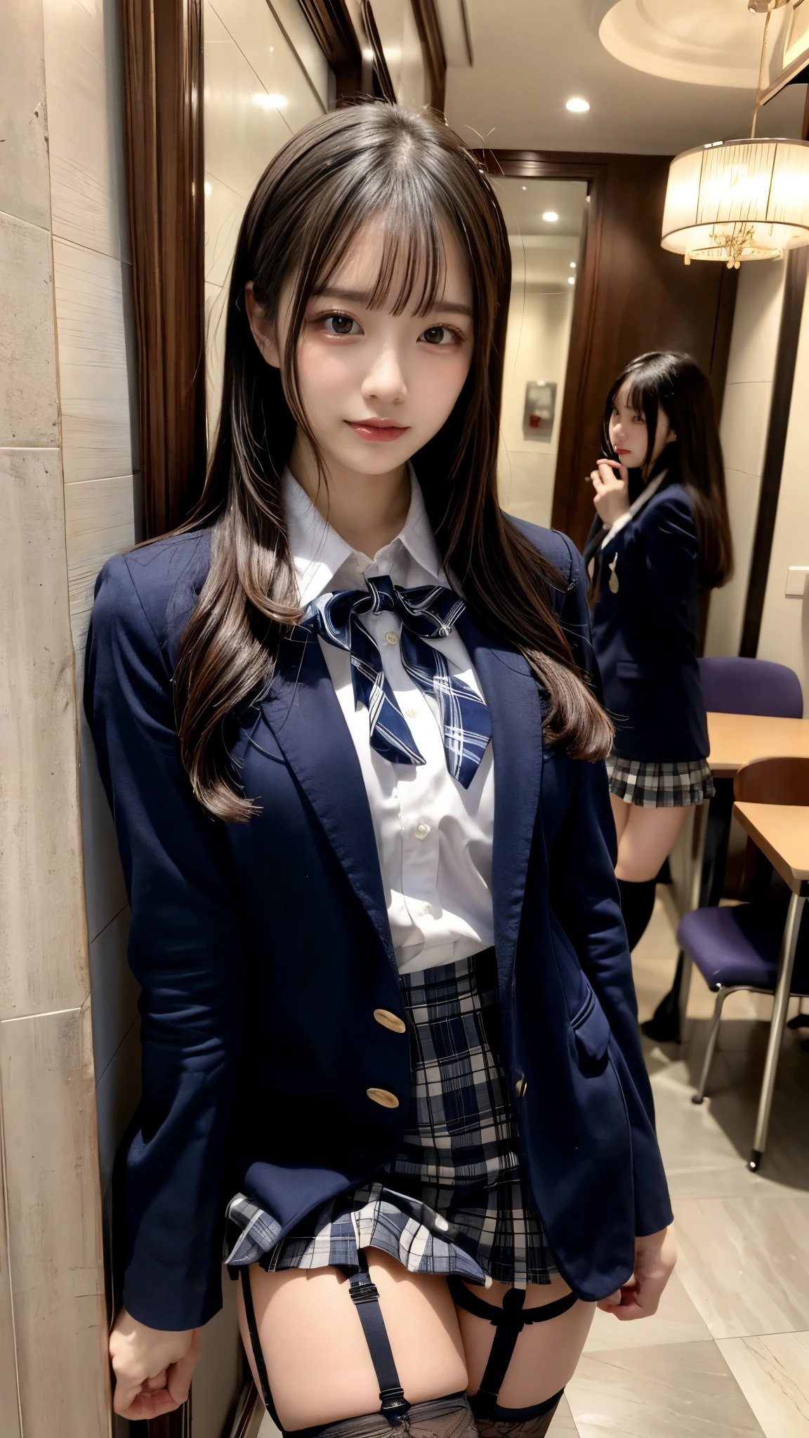 (8k, Raw photo, highest quality, masterpiece:1.2), masterpiece, highest quality, figure, Very detailed, Fine details, High resolution, 8k,wallpaper, Perfect dynamic composition,(Detailed high quality, Realistic depiction of eyes:1.3), ((2 girls, 2 high school girls)), The background is a room in a luxury hotel、 uniform、blazer 、Super Short Check Uniform Skirt、Navy blue knee-high socks、garter belt、huge 、Disheveled uniform, Play with each other,Touching each other's bodies,Touching the body of the girl next door, Short Bob Hair, Black hair color, hugeな胸, Big Natural Color Lip, Bold sexy pose, (Perfect figure), Crying a little、Cold Stare, Beautiful Makeup,Glitter makeup,The cutest 18 year old, Beautiful feet, Gravure idol pose, Voluptuous thighs