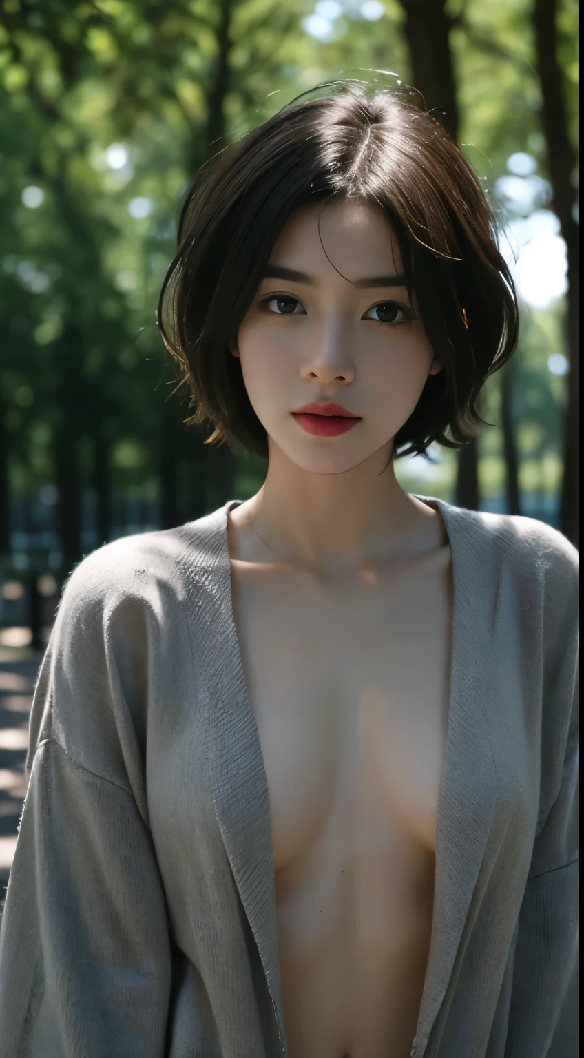 NSFW、(cammel toe)、((top-quality、8k、​masterpiece:1.3))、女の子1人、Beautiful woman with slender abs:1.3、(medium short hair、tits out:1.2)、cardigan:1.1、hyperdetailed face、A detailed eye、二重まぶた、full body Esbian