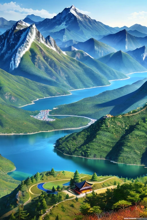 a beautiful korean mountain with lake, (masterpiece), (portrait), (raw photo), (extremely detailed CG unity 8k wallpaper) Intricate, Sharp focus, dramatic, photorealistic  art 3D Hd