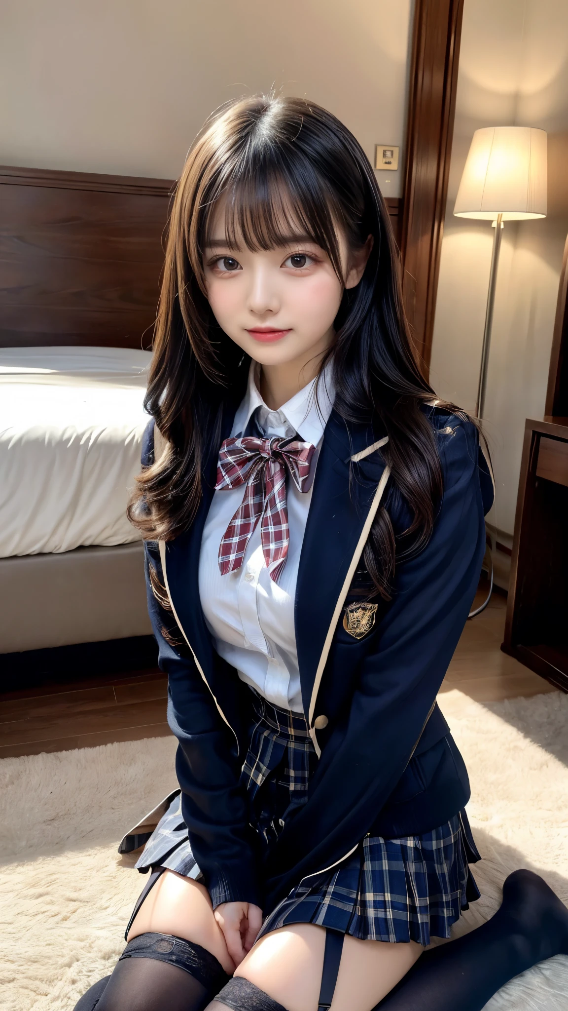 (8k, Raw photo, highest quality, masterpiece:1.2), masterpiece, highest quality, figure, Very detailed, Fine details, High resolution, 8k,wallpaper, Perfect dynamic composition,(Detailed high quality, Realistic depiction of eyes:1.3), ((2 girls, 2 high school girls)), The background is a room in a luxury hotel、 uniform、blazer 、Super Short Check Uniform Skirt、Navy blue knee-high socks、garter belt、huge 、Disheveled uniform, Play with each other,Touching each other's bodies,Touching the body of the girl next door, Short Bob Hair, Black hair color, hugeな胸, Big Natural Color Lip, Bold sexy pose, (Perfect figure), Crying a little、Cold Stare, Beautiful Makeup,Glitter makeup,The cutest 18 year old, Beautiful feet, Gravure idol pose, Voluptuous thighs
