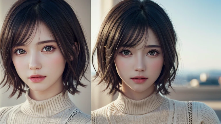 (masterpiece:1.3), (8K, realistic, RAW photos, best quality: 1.4), (1 woman), beautiful face, (realistic face), (black hair, Short hair:1.3), beautiful hairstyle, realistic eyes, beautiful detailed eyes, (realistic skin), beautiful skin, (sweater), absurd, attractive, ultra high resolution, extremely realistic, very detailed, golden ratio