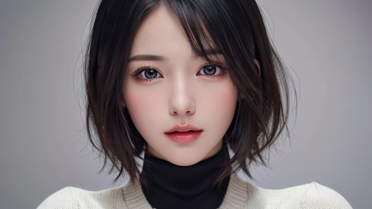 (masterpiece:1.3), (8K, realistic, RAW photos, best quality: 1.4), (1 woman), beautiful face, (realistic face), (black hair, Short hair:1.3), beautiful hairstyle, realistic eyes, beautiful detailed eyes, (realistic skin), beautiful skin, (sweater), absurd, attractive, ultra high resolution, extremely realistic, very detailed, golden ratio