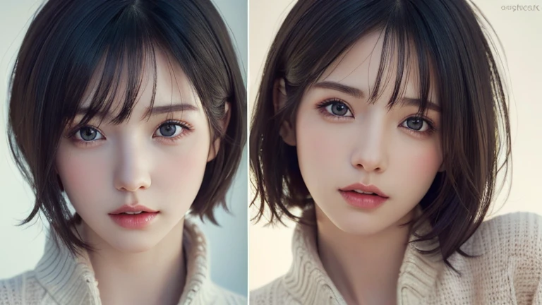 (masterpiece:1.3), (8K, realistic, RAW photos, best quality: 1.4), (1 woman), beautiful face, (realistic face), (black hair, Short hair:1.3), beautiful hairstyle, realistic eyes, beautiful detailed eyes, (realistic skin), beautiful skin, (sweater), absurd, attractive, ultra high resolution, extremely realistic, very detailed, golden ratio