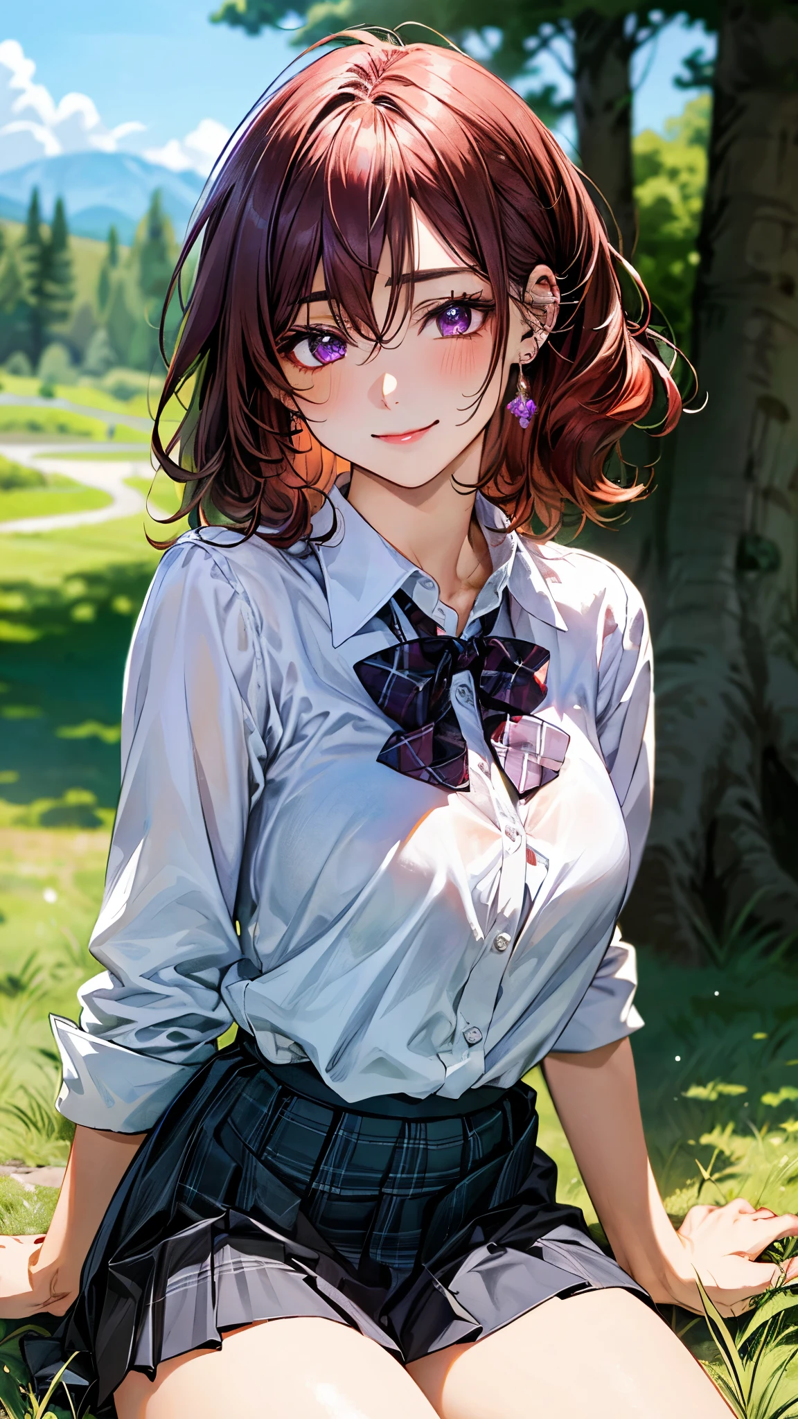 (masterpiece:1.3, top-quality, ultra high res, ultra detailed), (realistic, photorealistic:1.4), beautiful illustration, perfect lighting, natural lighting, colorful, depth of fields, ,
beautiful detailed hair, beautiful detailed face, beautiful detailed eyes, beautiful clavicle, beautiful body, beautiful chest, beautiful thigh, beautiful legs, beautiful fingers, shiny skin, babyface,
looking at viewer, (face focus), 1 girl, japanese, high school girl, (perfect anatomy, anatomically correct, super detailed skin), cute and symmetrical face, perfect face, perfect eyes,
(short hair:1.5, messy hair, sideburns, cherry red hair), hair between eyes, dark purple eyes, big eyes, long eyelashes, (large breasts, seductive thighs), , outstanding style, ,
(detailed cloth texture, white collared shirt, dark green pleated skirt, purple plaid bow tie),
(beautiful scenery), evening, (grassy), , (lovely smile, upper eyes),