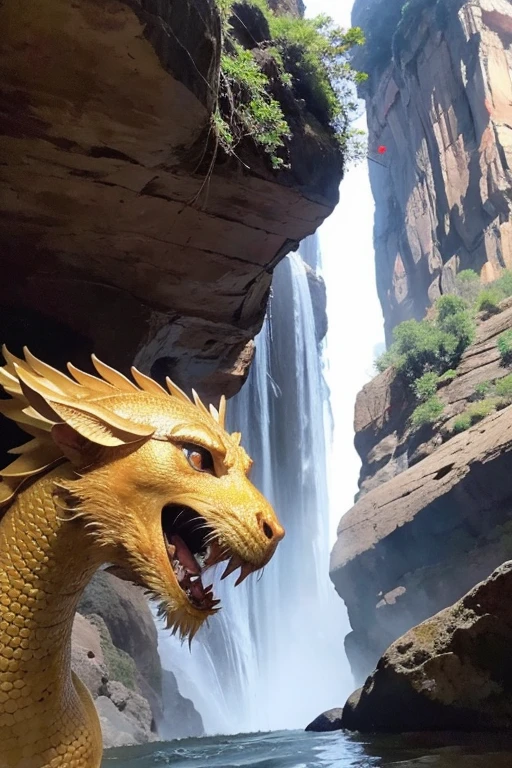 So sublime and divine々A beautiful golden dragon coiled up in the center of the screen, glaring at the camera.。金色のThe dragon is幸せをもたらす神なのでとても有難い存在である。The surrounding area is a canyon where no one can get close, and lightning is flashing in the background.、The sun is shining brightly。The dragon is、I want a realistic image。A man standing at the bottom of the canyon is worshipping the dragon with gratitude.。