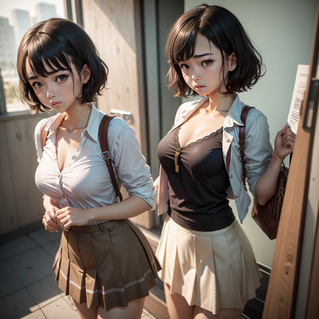 8k,Moe girl,Senior High School Student,Cleavage,Short fine hair,Shabby skirt,Indignant look