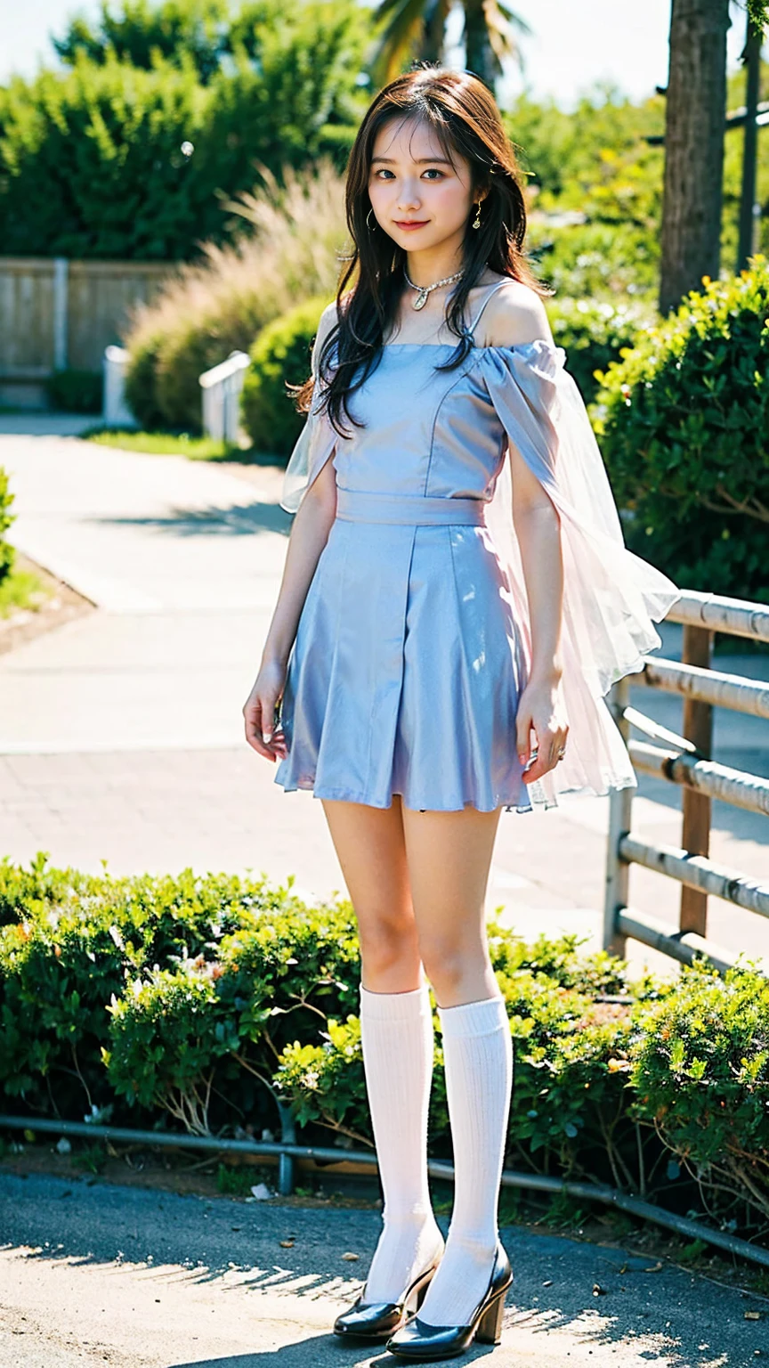 (8k、RAW Photos、highest quality、masterpiece:1.2)、(Realistic、Realistic)、1 girl、((Light blue and white dress、Off the shoulder、mini skirt、boots、See-through、Frills、Ribbon on chest、garden、smile、Big Breasts、View from the front、whole body、White knee socks、Cape、Standing with hands on hips))、Lots of eyelashes、Glowing eyelids、skeletally correct