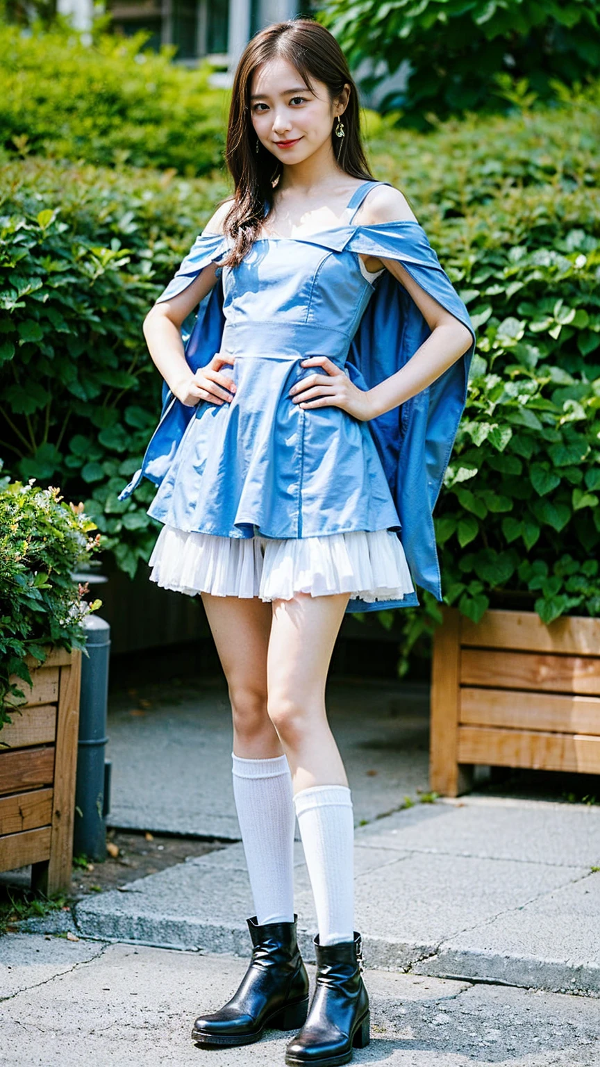 (8k、RAW Photos、highest quality、masterpiece:1.2)、(Realistic、Realistic)、1 girl、((Light blue and white dress、Off the shoulder、mini skirt、boots、See-through、Frills、Ribbon on chest、garden、smile、Big Breasts、View from the front、whole body、White knee socks、Cape、Standing with hands on hips))、Lots of eyelashes、Glowing eyelids、skeletally correct