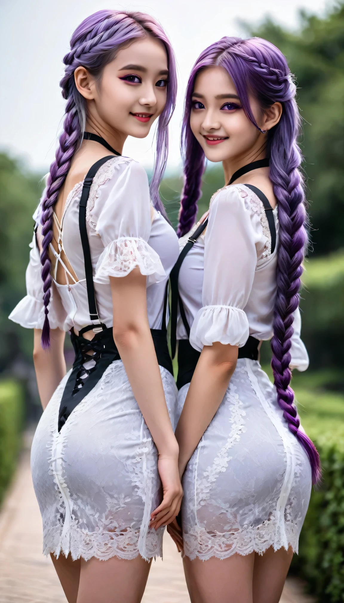 (Top quality, 8K, masterpiece: 1.3)), Two girls standing back-to-back looking at the viewer,yinji , purple hair,purple eyes,very long hair,grey hair,double braid,gradient hair, s old, Portrait Photography, High contrast, Divine Perspective, Aperture F1.2, Focal length 24mm, (whole body: 1.2), Smile, Photo poses, Exquisite lace, Suspender Skirt, Simple cutting dress, Brand clothing, Simple cutting, Extremely detailed skin details, Fine fabric texture