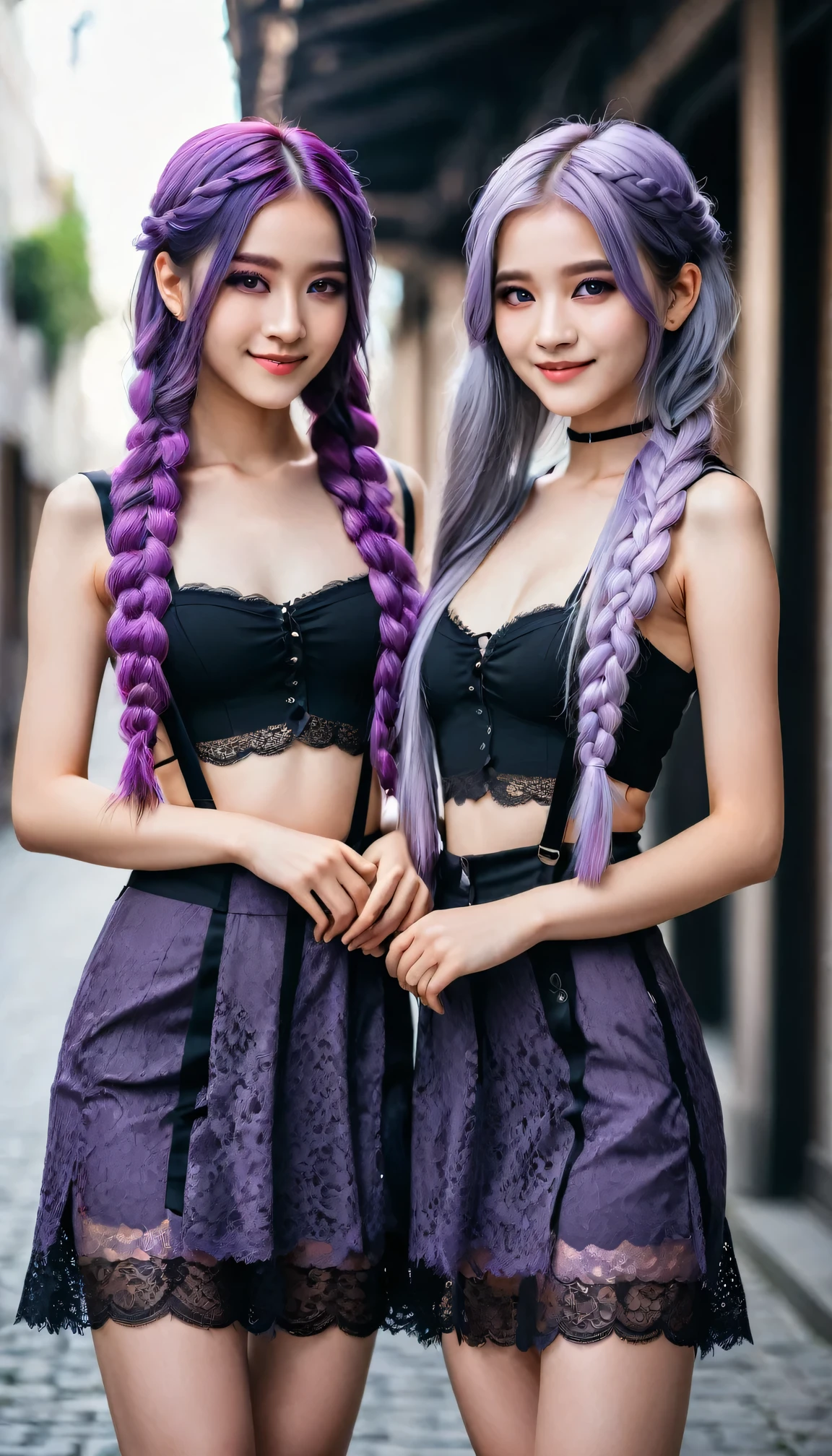 (Top quality, 8K, masterpiece: 1.3)), Two girls standing back-to-back looking at the viewer，yinji , purple hair,purple eyes,very long hair,grey hair,double braid,gradient hair, 15 years old, Portrait Photography, High contrast, Divine Perspective, Aperture F1.2, Focal length 24mm, (whole body: 1.2), Smile, Photo poses, Exquisite lace, Suspender Skirt, Simple cutting dress, Brand clothing, Simple cutting, Extremely detailed skin details, Fine fabric texture