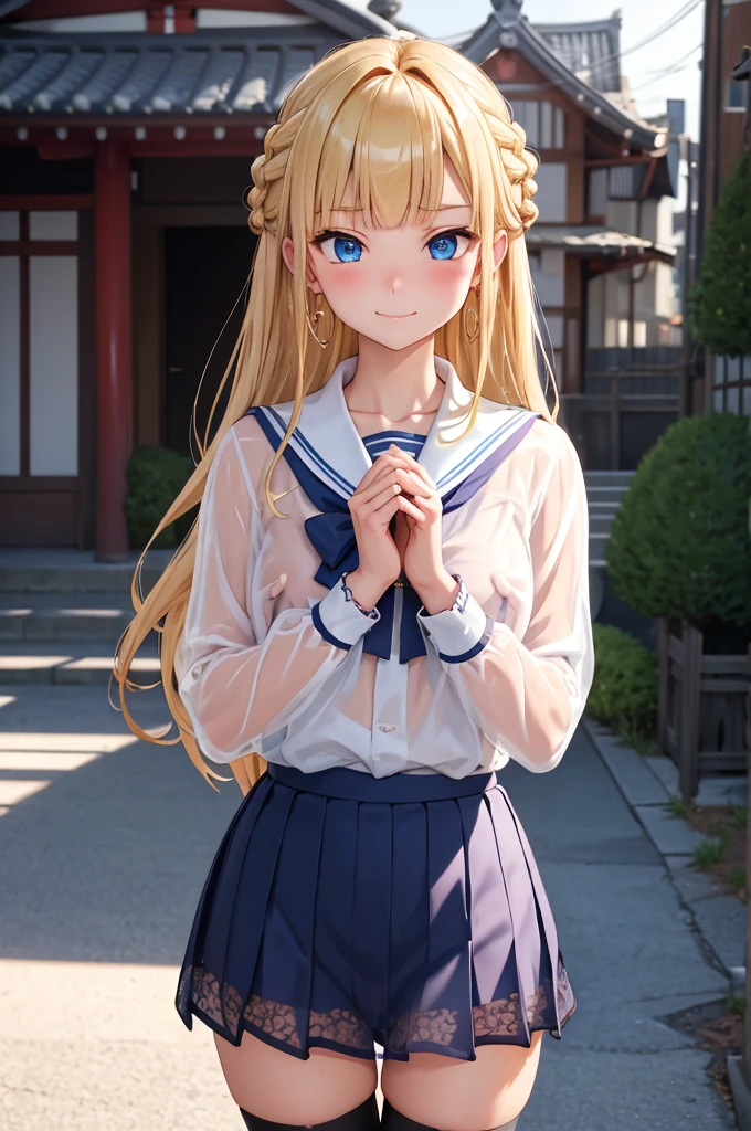 (masterpiece:1.2)、highest quality、High resolution、unity 8k wallpaper、(figure:0.8)、Highly detailed face、Perfect lighting、Highly detailed CG、(Perfect hands、Perfect Anatomy)、
Glossy blonde、Gradient Hair、The left sideburn is longer than the right、blue eyes、 look down、Upper Body、hair、Fair skin、French Braid、smile、Blunt bangs、Hoop Earrings、体の正面figure、(Beautiful fine details:1.6)、Tight eyes、Angry Eyes、Japanese high 、serafuku、zettai ryouiki、(see-through nipples:1.1), (see-through pussy:1.1)