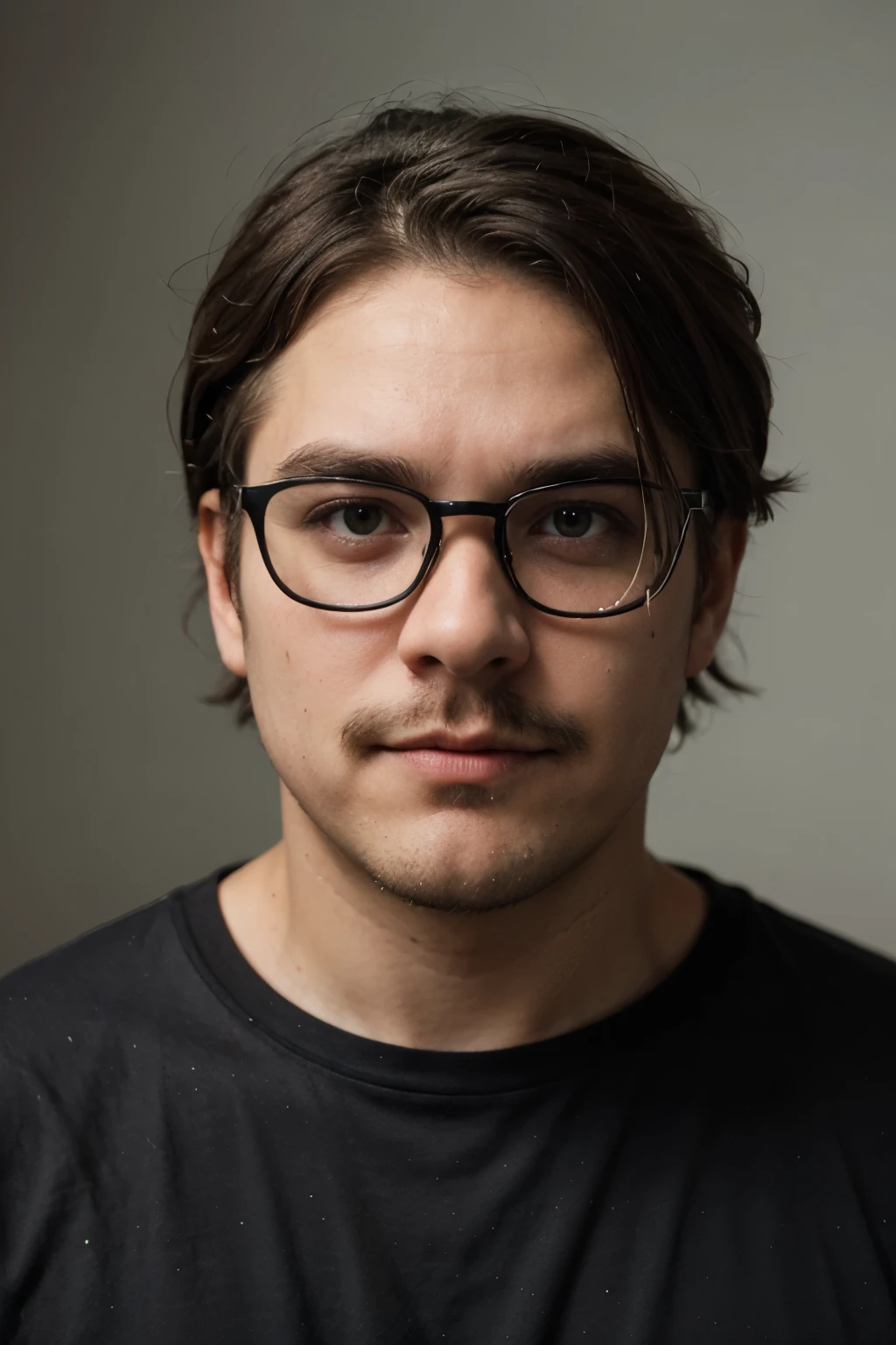 Create an avatar of a young fat man  . He has  dark beatiful messy hair styled and wears black rectangular glasses. He has a well-groomed beard and very small mustache, with a clear complexion. He is dressed black t-shirt with a simple programming design. The man is looking straight at the viewer with a neutral expression 




