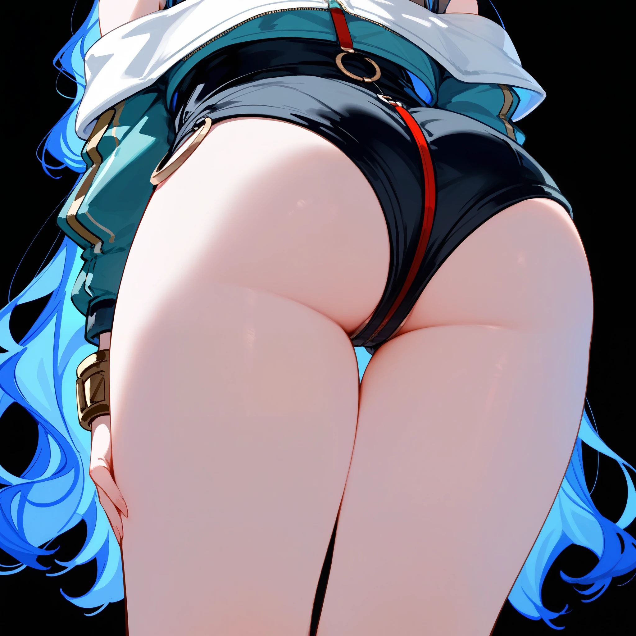 1girl, solo, long hair, black hair, colored inner hair, blue hair, wavy hair, eyeliner, makeup, jewelry, beret, o-ring, neck ring, black shorts, buttons, round sunglasses, bracelet, bare shoulders, green jacket, white jacket, off shoulder, zipper, from below, leaning forward, hand between thighs, thighs focus, thighs close-up, smile, closed mouth, cropped face, lower body, black background, simple background, masterpiece, score_9, score_8_up, score_7_up