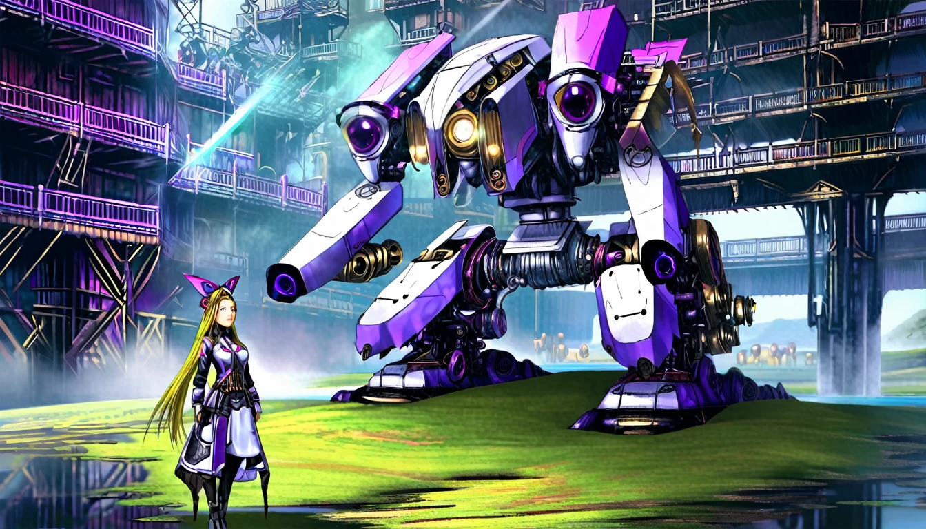 (Steam Punk)(Extreme complexity, two subjects)(subject 1: cryptic girl, purple white gradient long hair, indifferent, kind, high tech suit with many gadgets and blinking lights) (subject 2: female clockwork companion(several shiny metallic sections, steam exhaust ports), high fantasy mechanic outfit, very big eyes and ears) assemble and test a farm work themed  mecha, blue prairie, ethereal, fantasy, magical realism, highly detailed, 8k, cinematic lighting, vibrant colors, dramatic composition, intricate details, imaginative, cinematic perspective, surreal, dreamlike, whimsical, beautiful, magical, (best quality,4k,8k,highres,masterpiece:1.2),ultra-detailed,(realistic,photorealistic,photo-realistic:1.37) (show both women head to toe)
