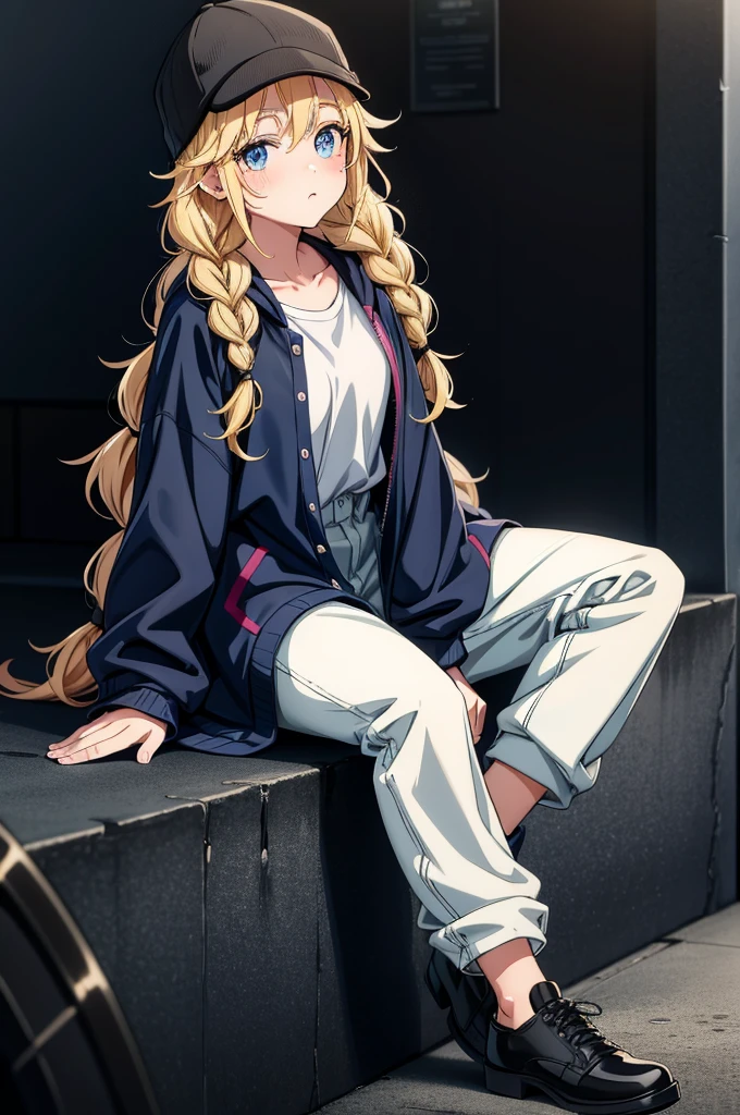 a cartoon girl sitting down while wearing a hat and beanie under a long coat, 1girl, solo, twin braids, braid, sitting, blonde hair, hat, blue eyes, long hair, baseball cap, shirt, looking at viewer, white shirt, black footwear, black headwear, jacket, pants, shoes, blush, long sleeves, collarbone