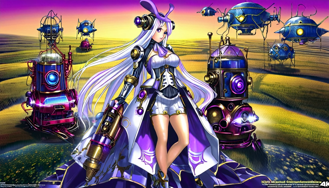 (Steam Punk)(Extreme complexity, two subjects)(subject 1: cryptic girl, purple white gradient long hair, indifferent, kind, high tech suit with many gadgets and blinking lights) (subject 2: female clockwork companion(several shiny metallic sections, steam exhaust ports), high fantasy mechanic outfit, very big eyes and ears) assemble and test a farm work themed mecha, blue prairie, ethereal, fantasy, magical realism, highly detailed, 8k, cinematic lighting, vibrant colors, dramatic composition, intricate details, imaginative, cinematic perspective, surreal, dreamlike, whimsical, beautiful, magical, (best quality,4k,8k,highres,masterpiece:1.2),ultra-detailed,(realistic,photorealistic,photo-realistic:1.37) (show both women head to toe)
