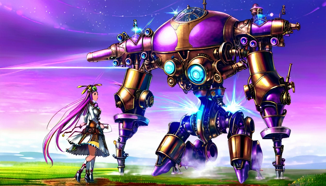 (Steam Punk)(Extreme complexity, two subjects)(subject 1: cryptic girl, purple white gradient long hair, indifferent, kind, high tech suit with many gadgets and blinking lights) (subject 2: female clockwork companion(several shiny metallic sections, steam exhaust ports), high fantasy mechanic outfit, very big eyes and ears) assemble and test a farm work themed mecha, blue prairie, ethereal, fantasy, magical realism, highly detailed, 8k, cinematic lighting, vibrant colors, dramatic composition, intricate details, imaginative, cinematic perspective, surreal, dreamlike, whimsical, beautiful, magical, (best quality,4k,8k,highres,masterpiece:1.2),ultra-detailed,(realistic,photorealistic,photo-realistic:1.37) (show both women head to toe)
