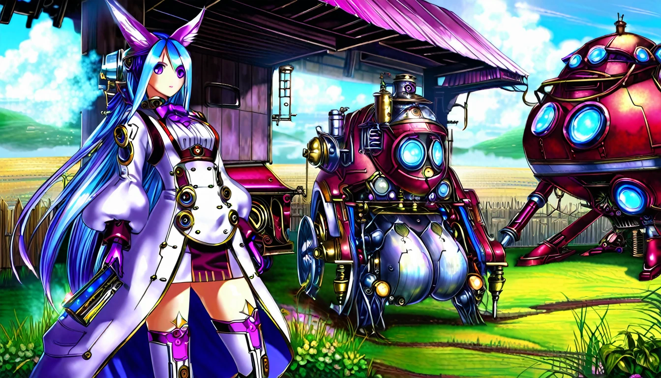 (Steam Punk)(Extreme complexity, two subjects)(subject 1: cryptic girl, purple white gradient long hair, indifferent, kind, high tech suit with many gadgets and blinking lights) (subject 2: female clockwork companion(several shiny metallic sections, steam exhaust ports), high fantasy mechanic outfit, very big eyes and ears) assemble and test a farm work themed mecha, blue prairie, ethereal, fantasy, magical realism, highly detailed, 8k, cinematic lighting, vibrant colors, dramatic composition, intricate details, imaginative, cinematic perspective, surreal, dreamlike, whimsical, beautiful, magical, (best quality,4k,8k,highres,masterpiece:1.2),ultra-detailed,(realistic,photorealistic,photo-realistic:1.37) (show both women head to toe)
