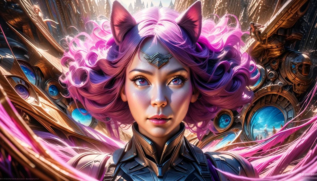 (Steam Punk)(Extreme complexity, two subjects)(subject 1: cryptic girl, purple white gradient long hair, indifferent, kind, high tech suit with many gadgets and blinking lights) (subject 2: female clockwork companion(several shiny metallic sections, steam exhaust ports), high fantasy mechanic outfit, very big eyes and ears) assemble and test a farm work themed mecha, blue prairie, ethereal, fantasy, magical realism, highly detailed, 8k, cinematic lighting, vibrant colors, dramatic composition, intricate details, imaginative, cinematic perspective, surreal, dreamlike, whimsical, beautiful, magical, (best quality,4k,8k,highres,masterpiece:1.2),ultra-detailed,(realistic,photorealistic,photo-realistic:1.37) (show both women head to toe)