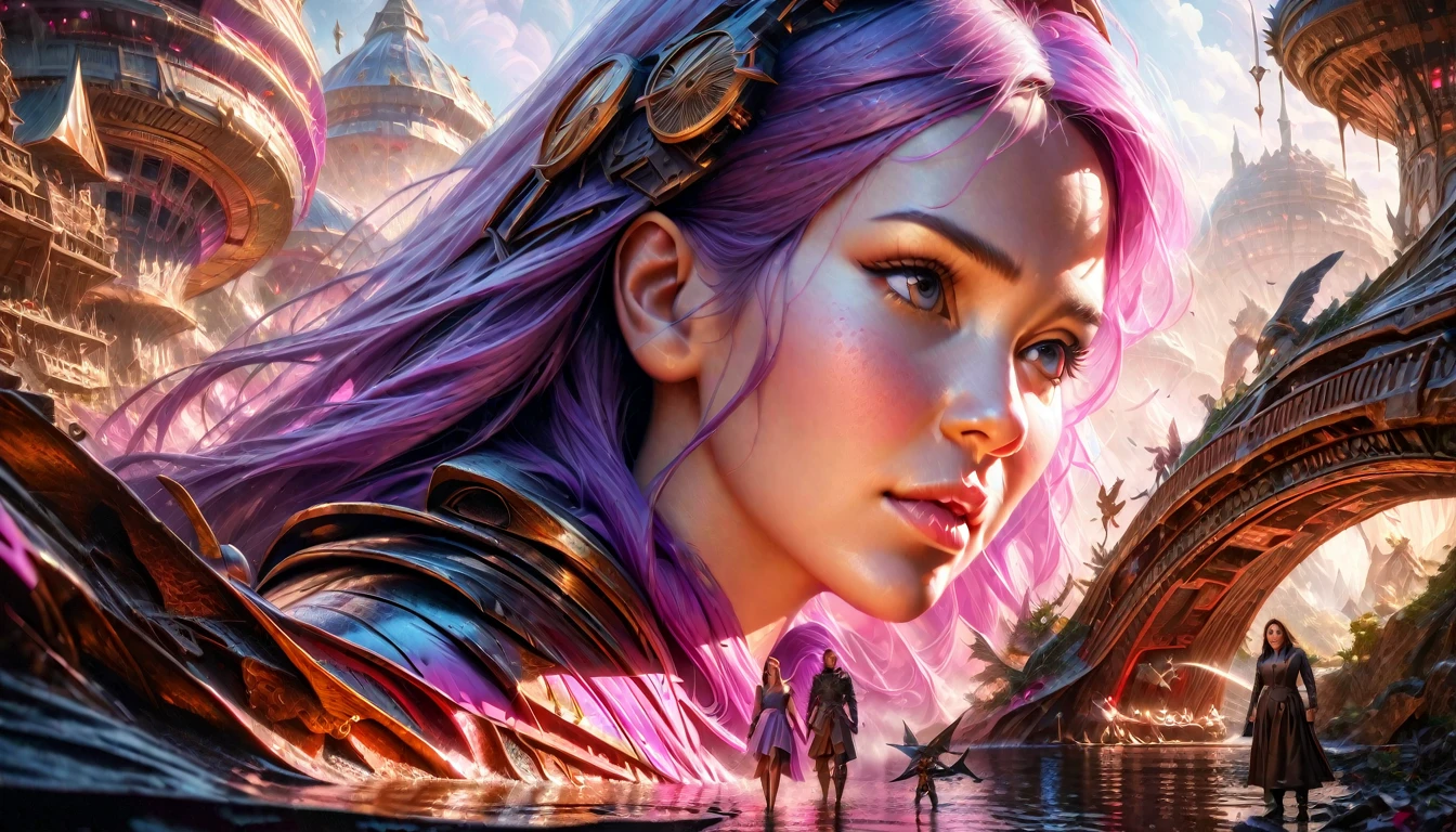 (Steam Punk)(Extreme complexity, two subjects)(subject 1: cryptic girl, purple white gradient long hair, indifferent, kind, high tech suit with many gadgets and blinking lights) (subject 2: female clockwork companion(several shiny metallic sections, steam exhaust ports), high fantasy mechanic outfit, very big eyes and ears) assemble and test a farm work themed mecha, blue prairie, ethereal, fantasy, magical realism, highly detailed, 8k, cinematic lighting, vibrant colors, dramatic composition, intricate details, imaginative, cinematic perspective, surreal, dreamlike, whimsical, beautiful, magical, (best quality,4k,8k,highres,masterpiece:1.2),ultra-detailed,(realistic,photorealistic,photo-realistic:1.37) (show both women head to toe)

