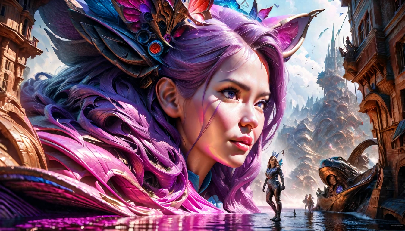 (Steam Punk)(Extreme complexity, two subjects)(subject 1: cryptic girl, purple white gradient long hair, indifferent, kind, high tech suit with many gadgets and blinking lights) (subject 2: female clockwork companion(several shiny metallic sections, steam exhaust ports), high fantasy mechanic outfit, very big eyes and ears) assemble and test a farm work themed mecha, blue prairie, ethereal, fantasy, magical realism, highly detailed, 8k, cinematic lighting, vibrant colors, dramatic composition, intricate details, imaginative, cinematic perspective, surreal, dreamlike, whimsical, beautiful, magical, (best quality,4k,8k,highres,masterpiece:1.2),ultra-detailed,(realistic,photorealistic,photo-realistic:1.37) (show both women head to toe)
