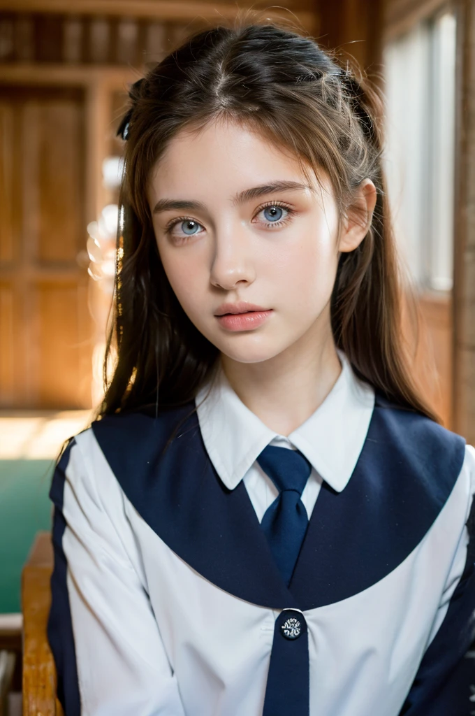 ( masterpiece, top quality, best quality,8k, girl,ultra detailed,raw photo:1.5),(photorealistic:1.4),(cinematic lighting), PerfectNwsjMajic, , Surrealism, UHD, ccurate, Super detail, textured skin, High detail, Best quality, dynamic angle, (high nose,White skin),[Beautiful blue eyes],(1girl),(good anatomy:0.5)),in the classroom,,Real people,warm sun,School uniforms