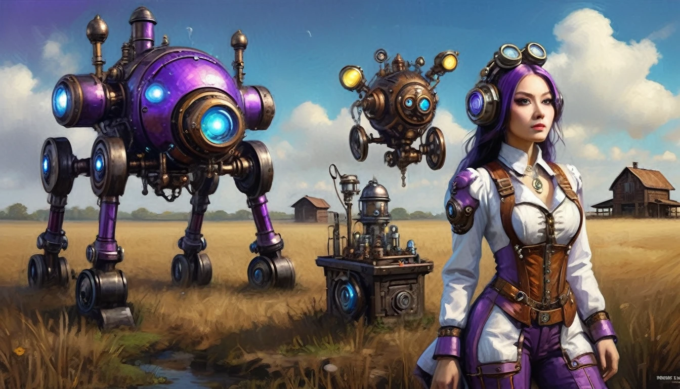 (Steam Punk)(Extreme complexity, two subjects)(subject 1: cryptic girl, purple white gradient long hair, indifferent, kind, high tech suit with many gadgets and blinking lights) (subject 2: female clockwork companion(several shiny metallic sections, steam exhaust ports), high fantasy mechanic outfit, very big eyes and ears) assemble and test a farm work themed mecha, blue prairie, ethereal, fantasy, magical realism, highly detailed, 8k, cinematic lighting, vibrant colors, dramatic composition, intricate details, imaginative, cinematic perspective, surreal, dreamlike, whimsical, beautiful, magical, (best quality,4k,8k,highres,masterpiece:1.2),ultra-detailed,(realistic,photorealistic,photo-realistic:1.37) (show both women head to toe)
