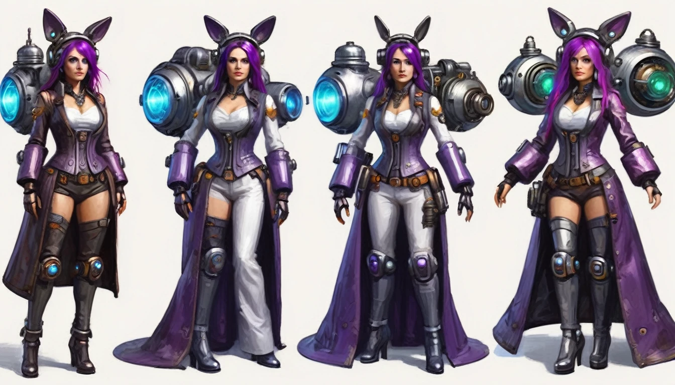 (Steam Punk)(Extreme complexity, two subjects)(subject 1: cryptic girl, purple white gradient long hair, indifferent, kind, high tech suit with many gadgets and blinking lights) (subject 2: female clockwork companion(several shiny metallic sections, steam exhaust ports), high fantasy mechanic outfit, very big eyes and ears) assemble and test a farm work themed mecha, blue prairie, ethereal, fantasy, magical realism, highly detailed, 8k, cinematic lighting, vibrant colors, dramatic composition, intricate details, imaginative, cinematic perspective, surreal, dreamlike, whimsical, beautiful, magical, (best quality,4k,8k,highres,masterpiece:1.2),ultra-detailed,(realistic,photorealistic,photo-realistic:1.37) (show both women head to toe)
